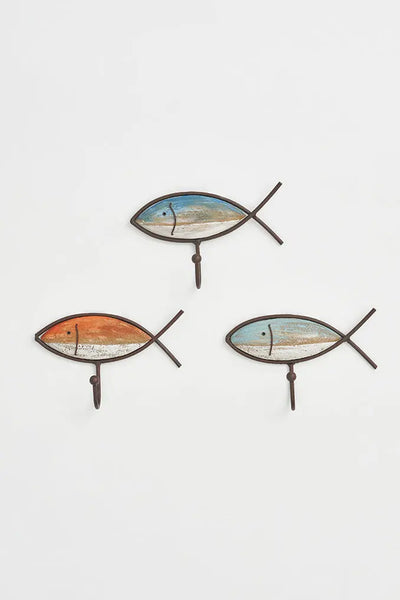 Batela Set de 3 Percheros Pez de Madera Silueta en Metal - Estilo Náutico