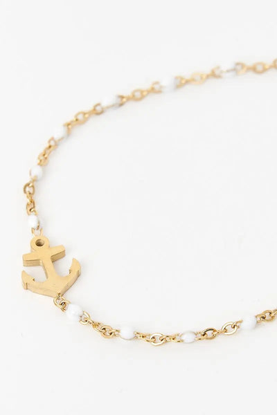 Batela Pulsera o brazalete color dorado con ancla piedra blanca. - Batela