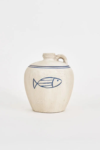 Batela Vasija mediana con pez dibujado azul estilo vintage: toque náutico