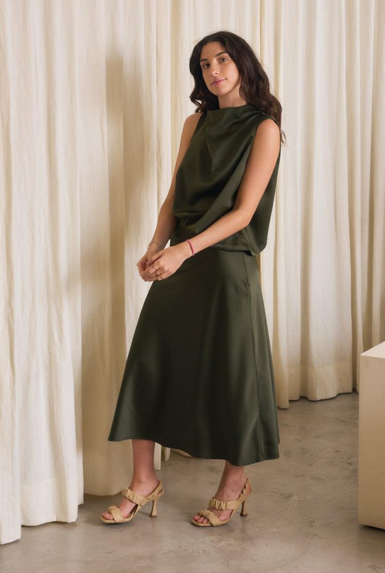 Camille Panama Olive Satin Skirt Rebajas