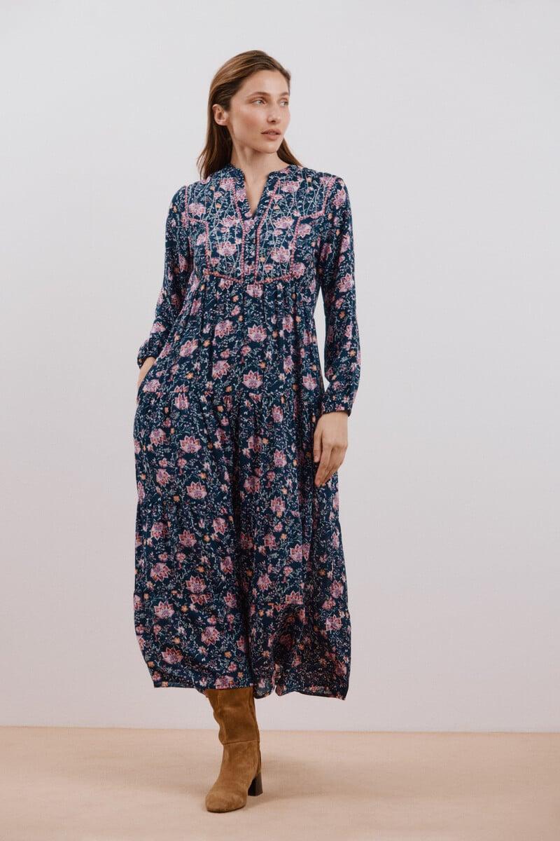 Cortefiel Vestido largo estampado con bordado a contraste Oferta especial de fábrica