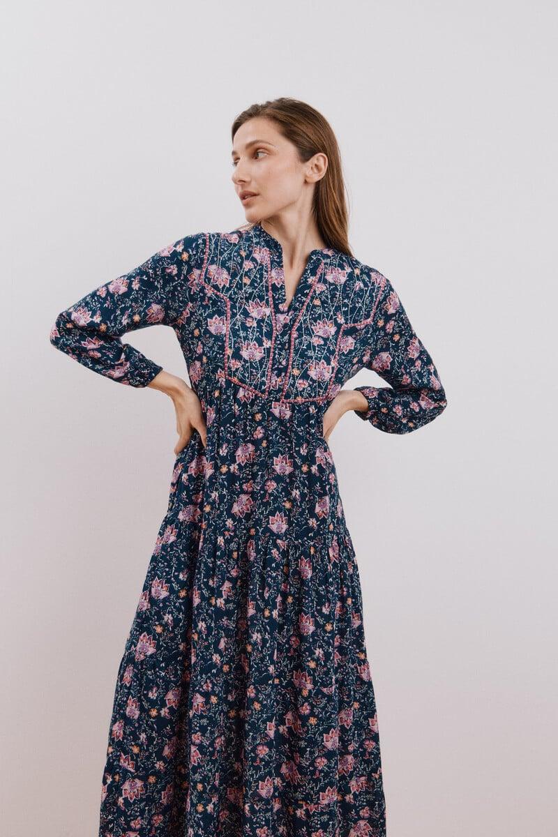 Cortefiel Vestido largo estampado con bordado a contraste Oferta especial de fábrica