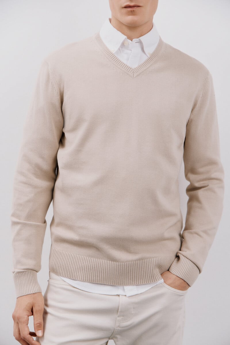 Cortefiel Jersey algodón cuello pico básico Última moda