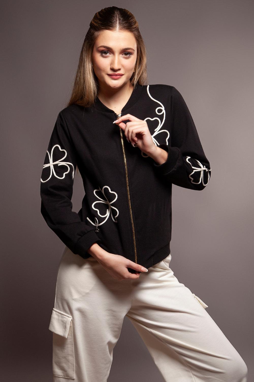 lolitas&l Chaqueta negra bordado flor en contraste cremallera Lolitas&L Tienda
