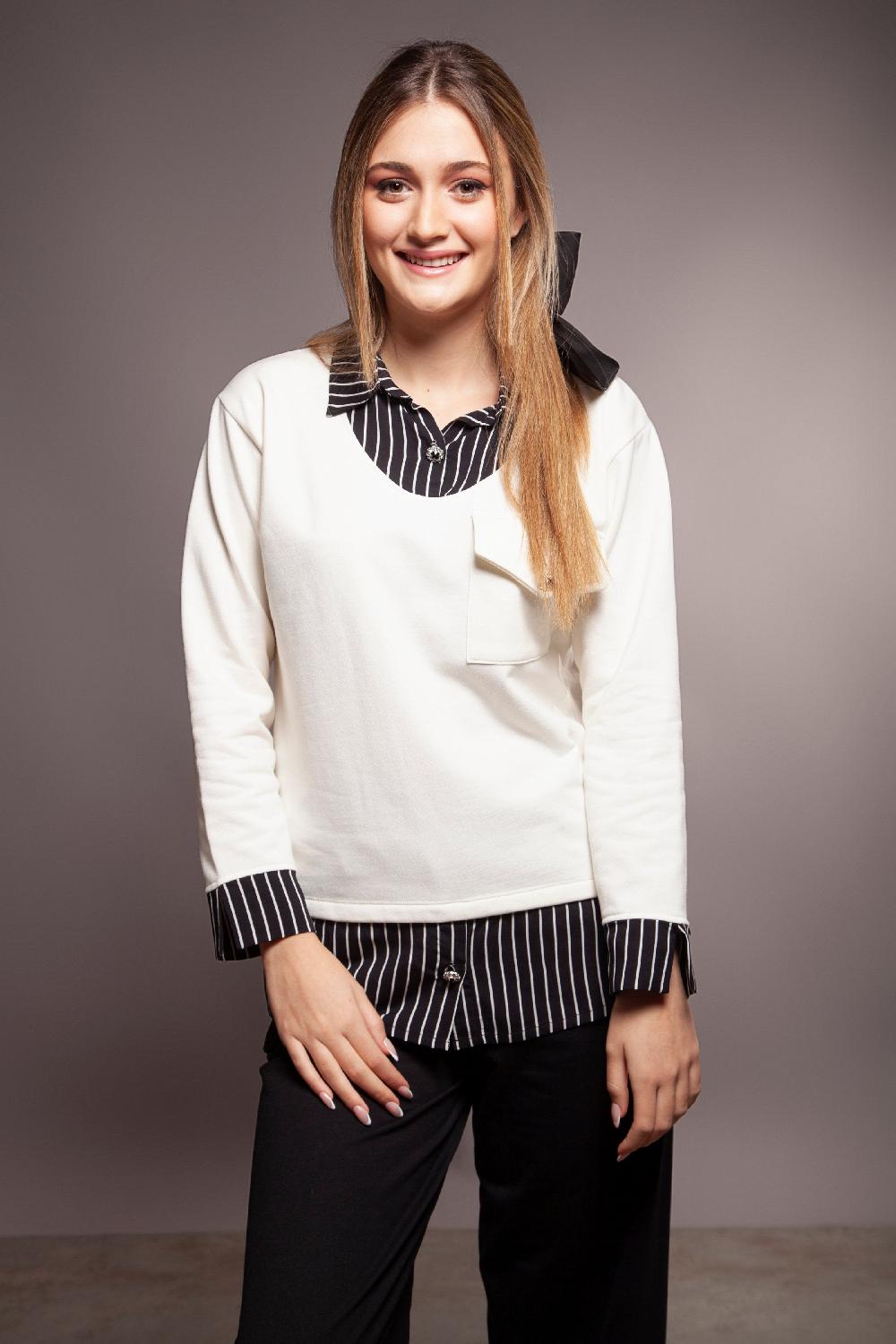 lolitas&l Sudadera blanca con detalle camisero de rayas y bolsillo Lolitas&L Últimos 2 días