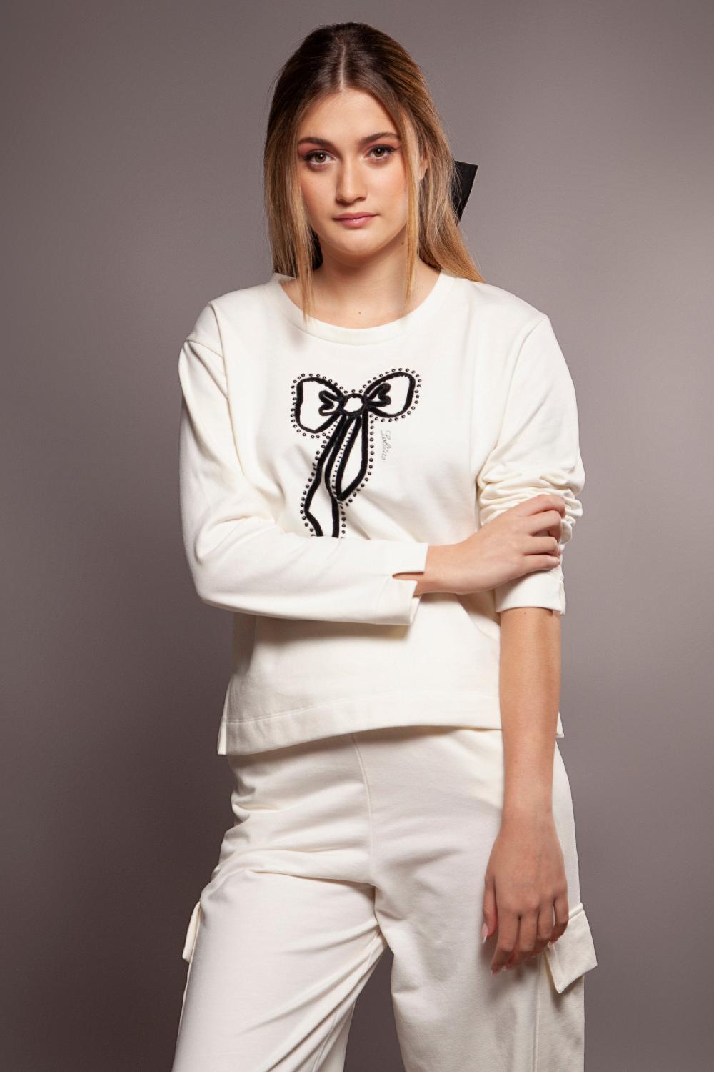 lolitas&l Sudadera blanca con lazo bordado en el delantero Lolitas&L Promoción por tiempo limitado