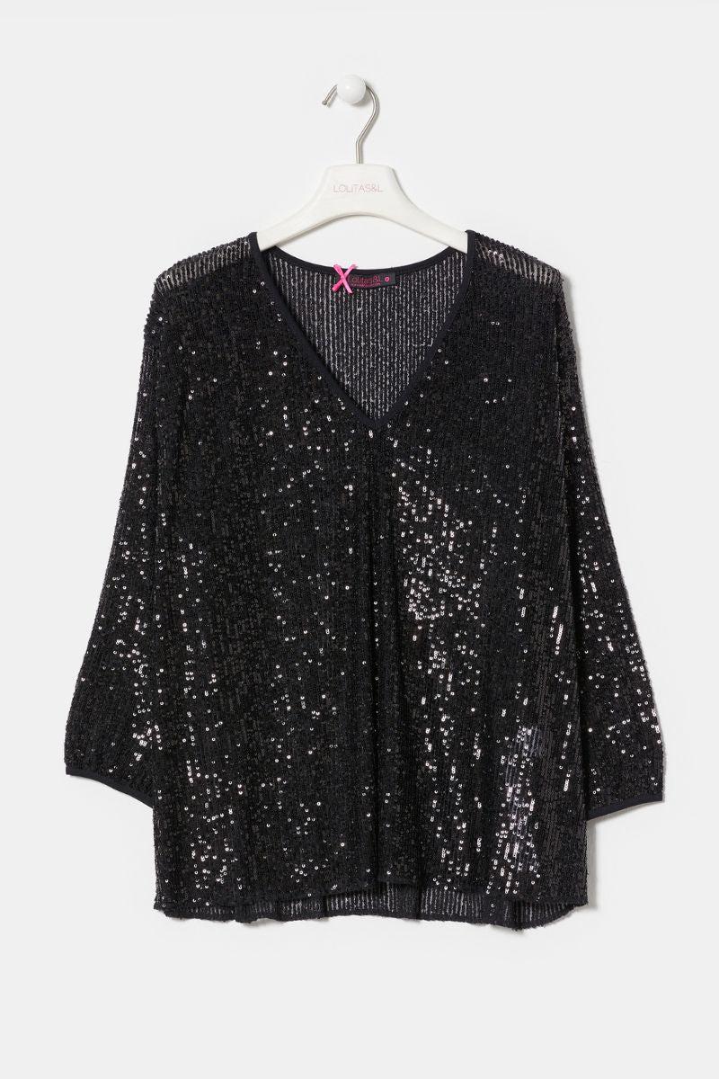 lolitas&l Camiseta negra lentejuelas escote en uve LolitasyL Superdescuento