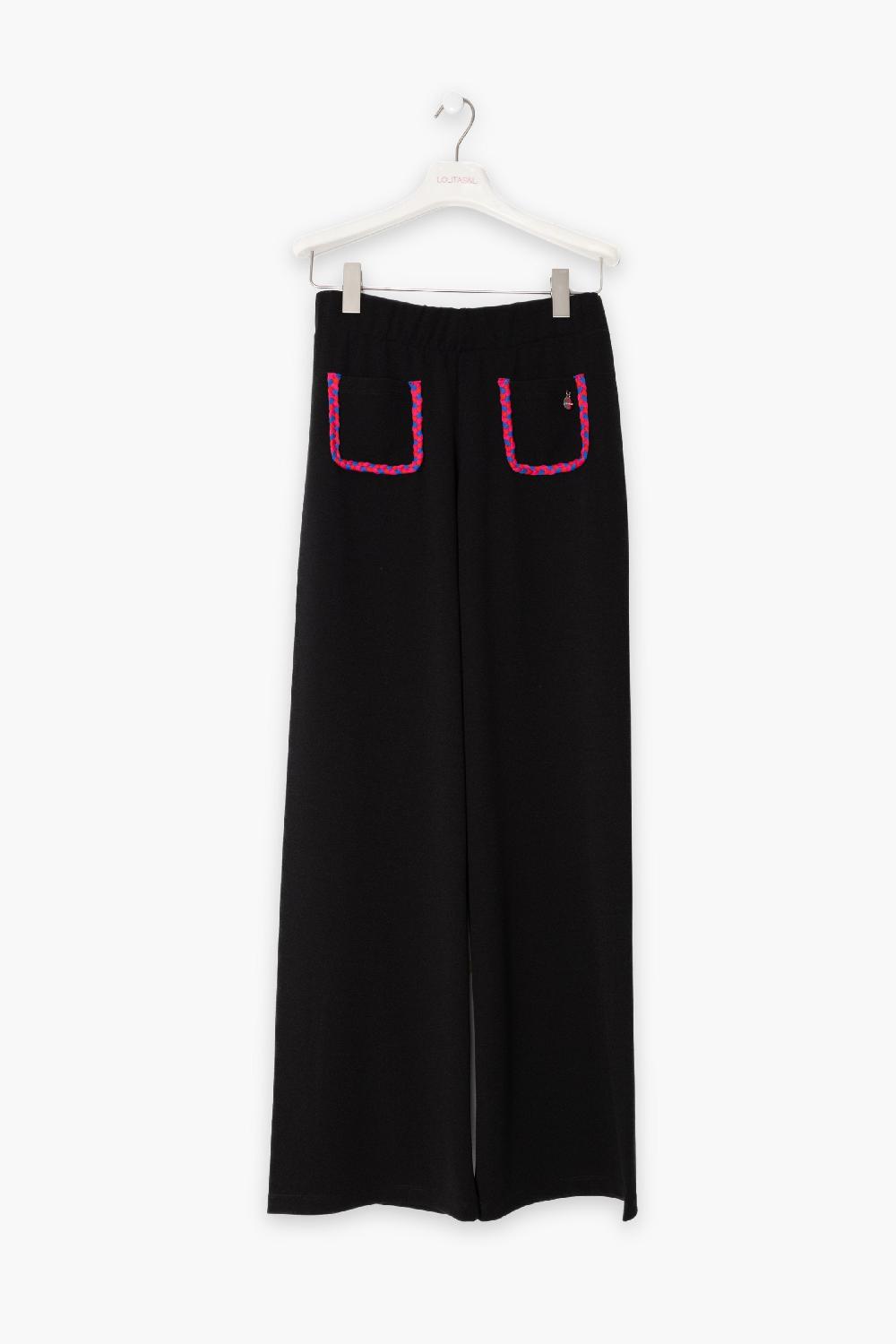 lolitas&l Pantalon negro ancho con bolsillos trenzados fucsia LolitasyL Grandes descuentos