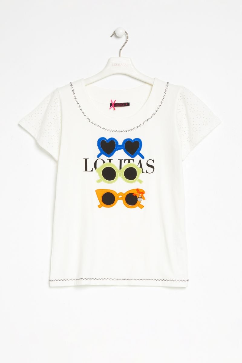 lolitas&l Camiseta blanca bordado gafas manga grogre Lolitas&L Ventas relámpago