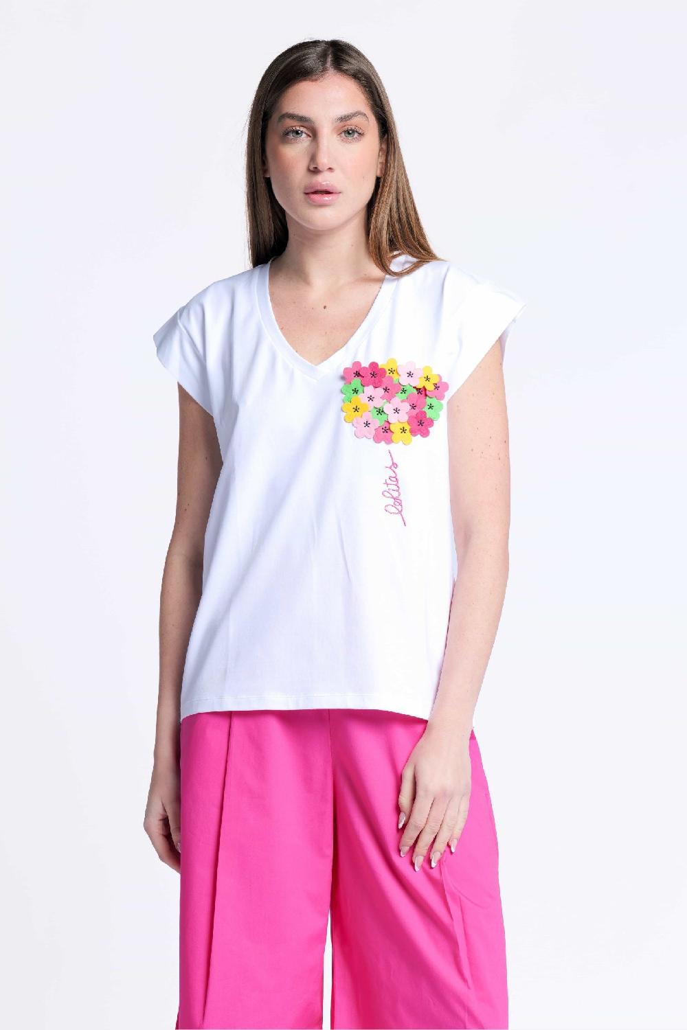lolitas&l Camiseta blanca bordada con aplicacion flor escote pico Lolitas&L Rebajas online