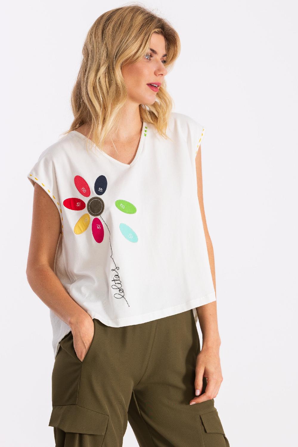 lolitas&l Camiseta blanca bordado flor multicolor si no LolitasyL
