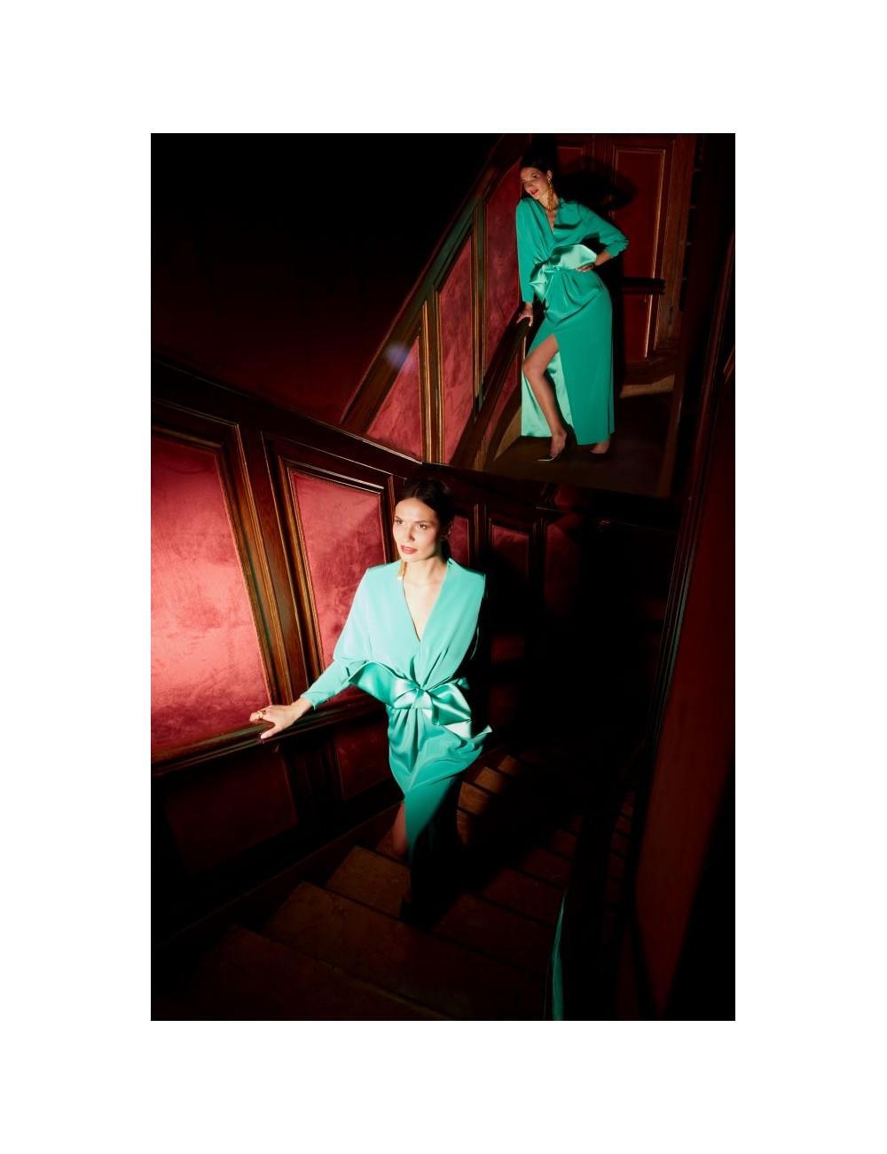 pertegaz Vestido largo con lazo verde Mejor oferta