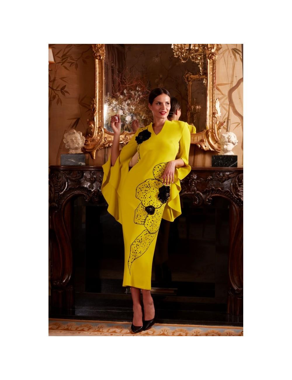 pertegaz Vestido volantes con print y bordado floral amarillo Oferta especial