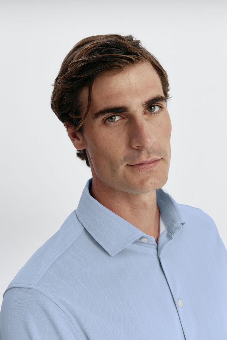 sepiia Camisa de vestir hombre azul celeste rayas blancas regular Venta caliente