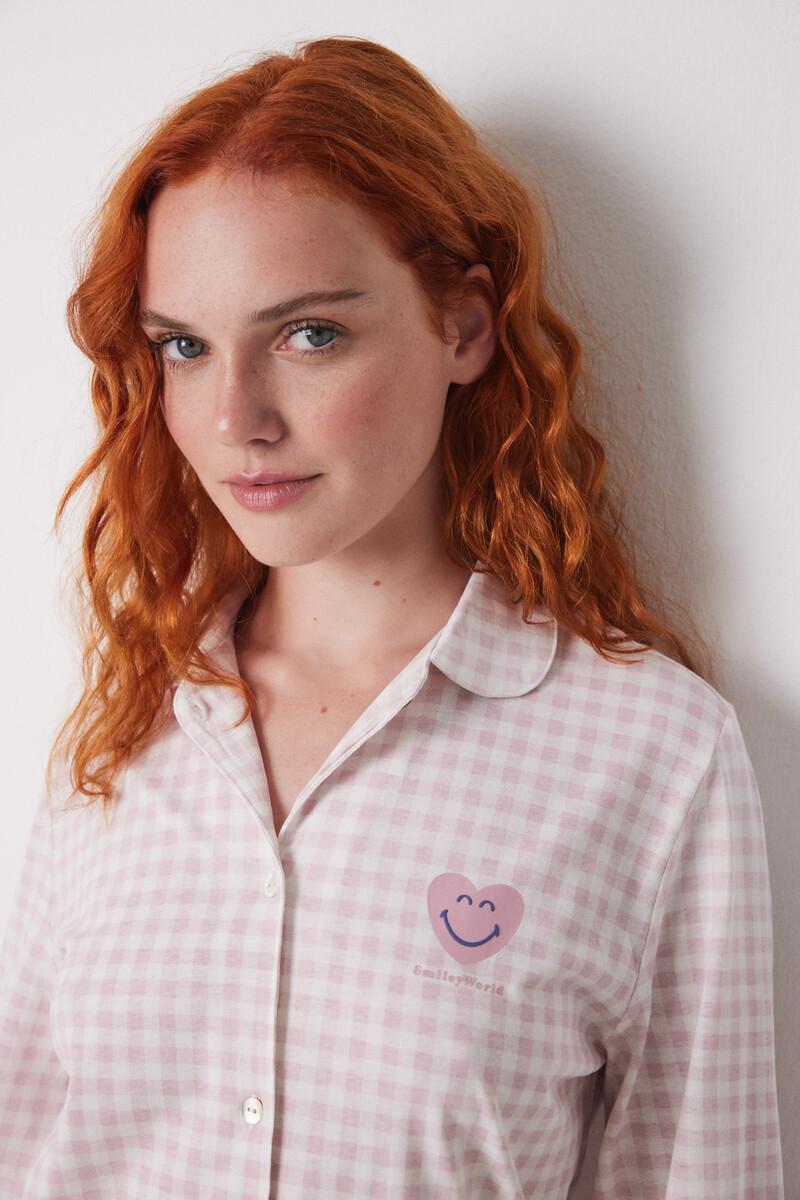 women'secret Pijama camisero largo 100% algodón rosa cuadros Outlet online