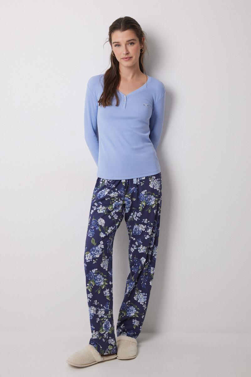 women'secret Pijama largo 100% algodón canalé azul flores Últimos 2 días
