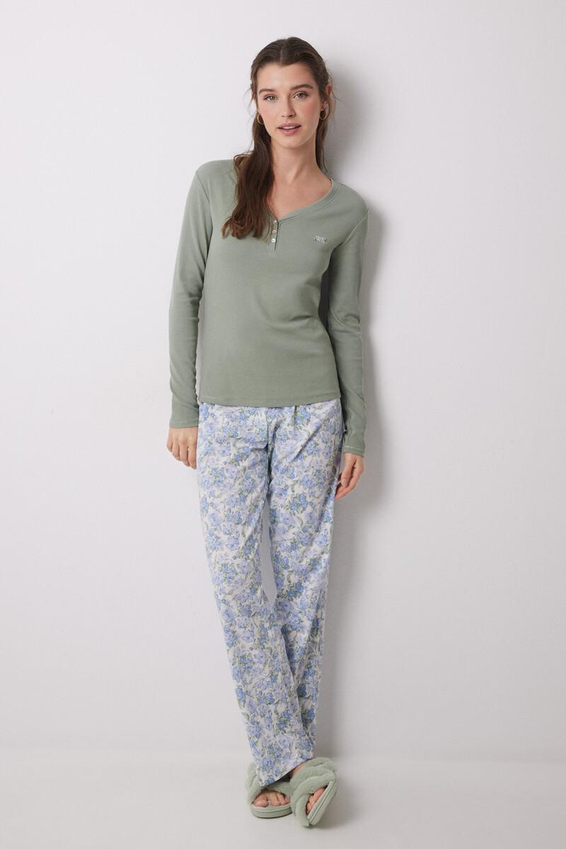 women'secret Pijama largo 100% algodón canalé verde flores Descuentos del mes