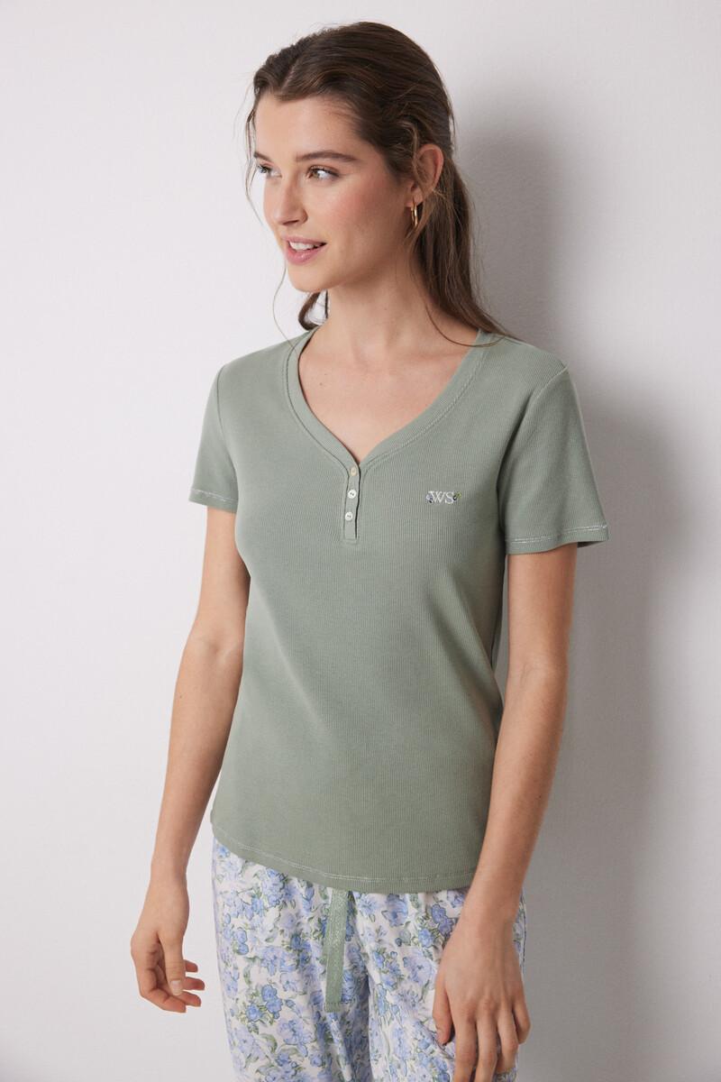women'secret Pijama 100% algodón canalé verde flores Ofertas especiales