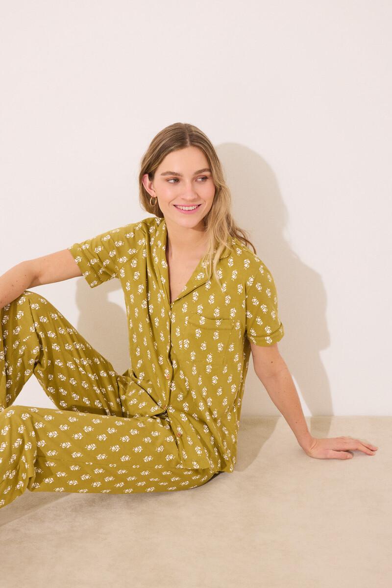 women'secret Pijama camisero 100% algodón kaki sellos