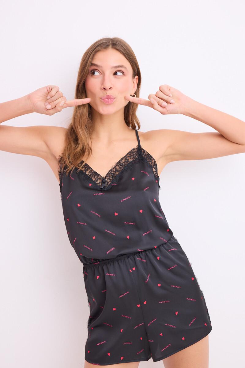women'secret Mono corto satén negro estampado