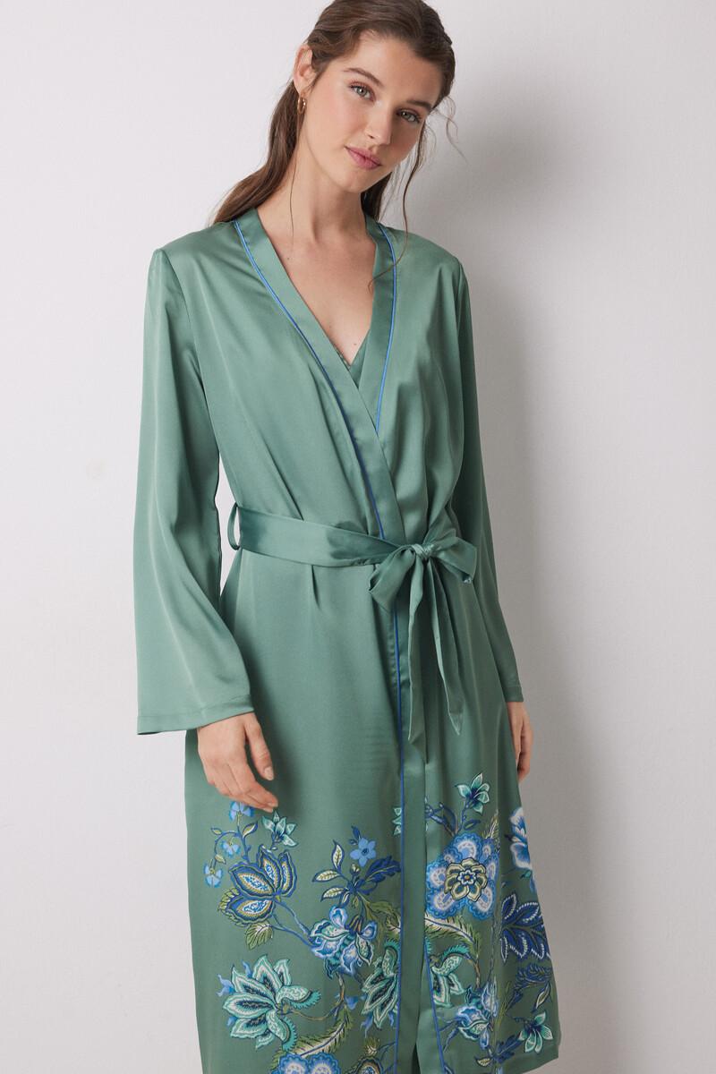 women'secret Bata midi satén verde flores Oferta exclusiva