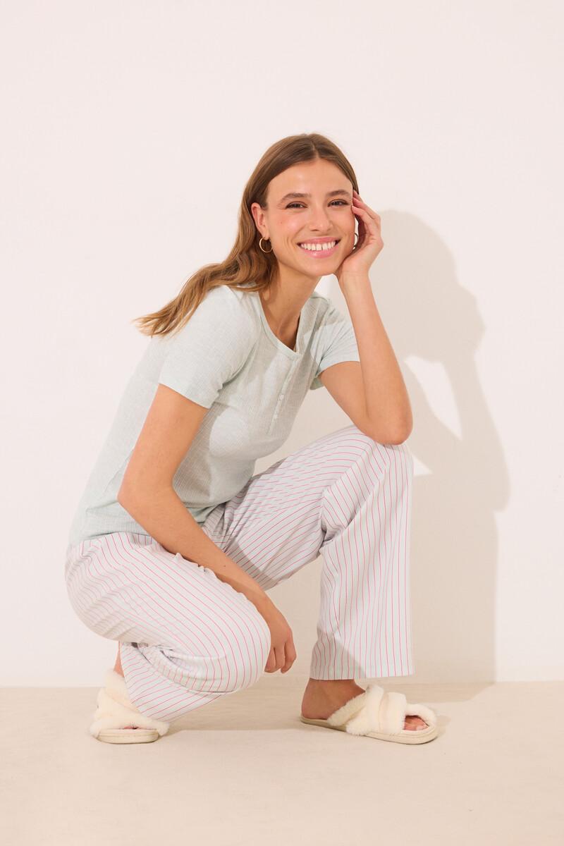 women'secret Pijama viscosa canalé verde rayas