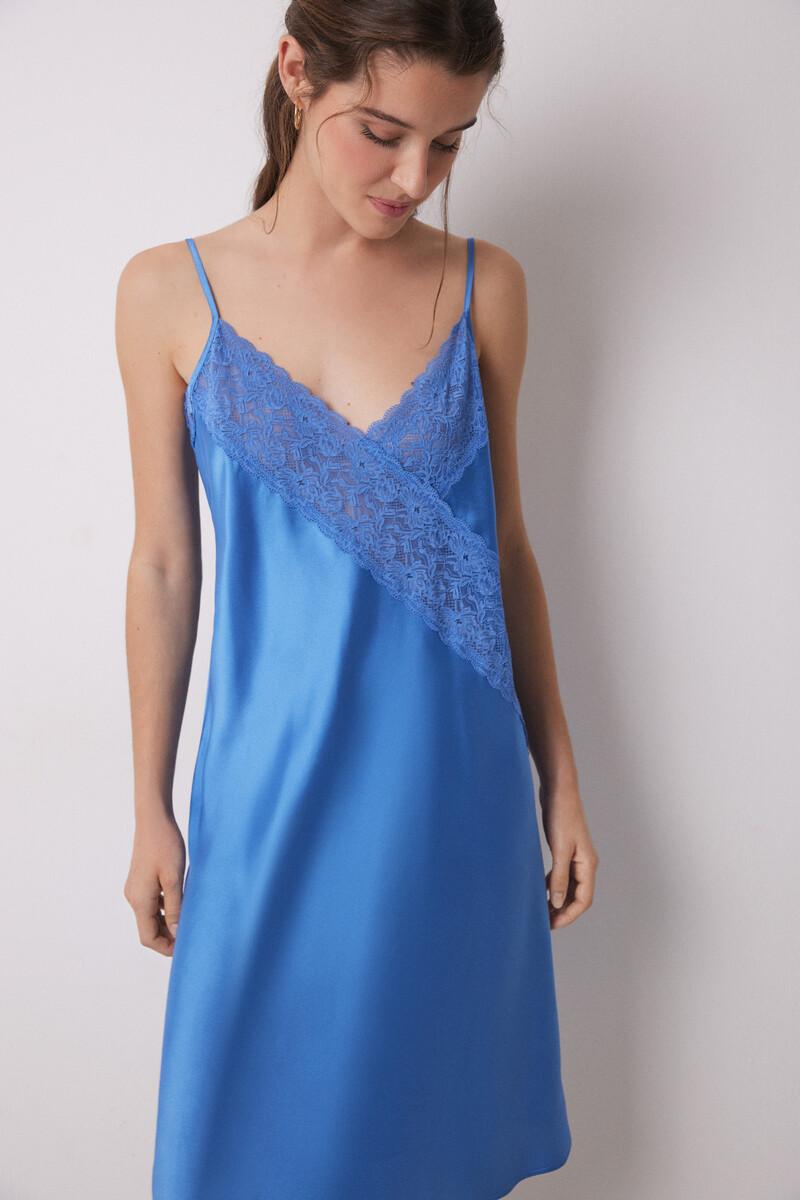 women'secret Camisón corto satén y encaje azul Precios de Black Friday