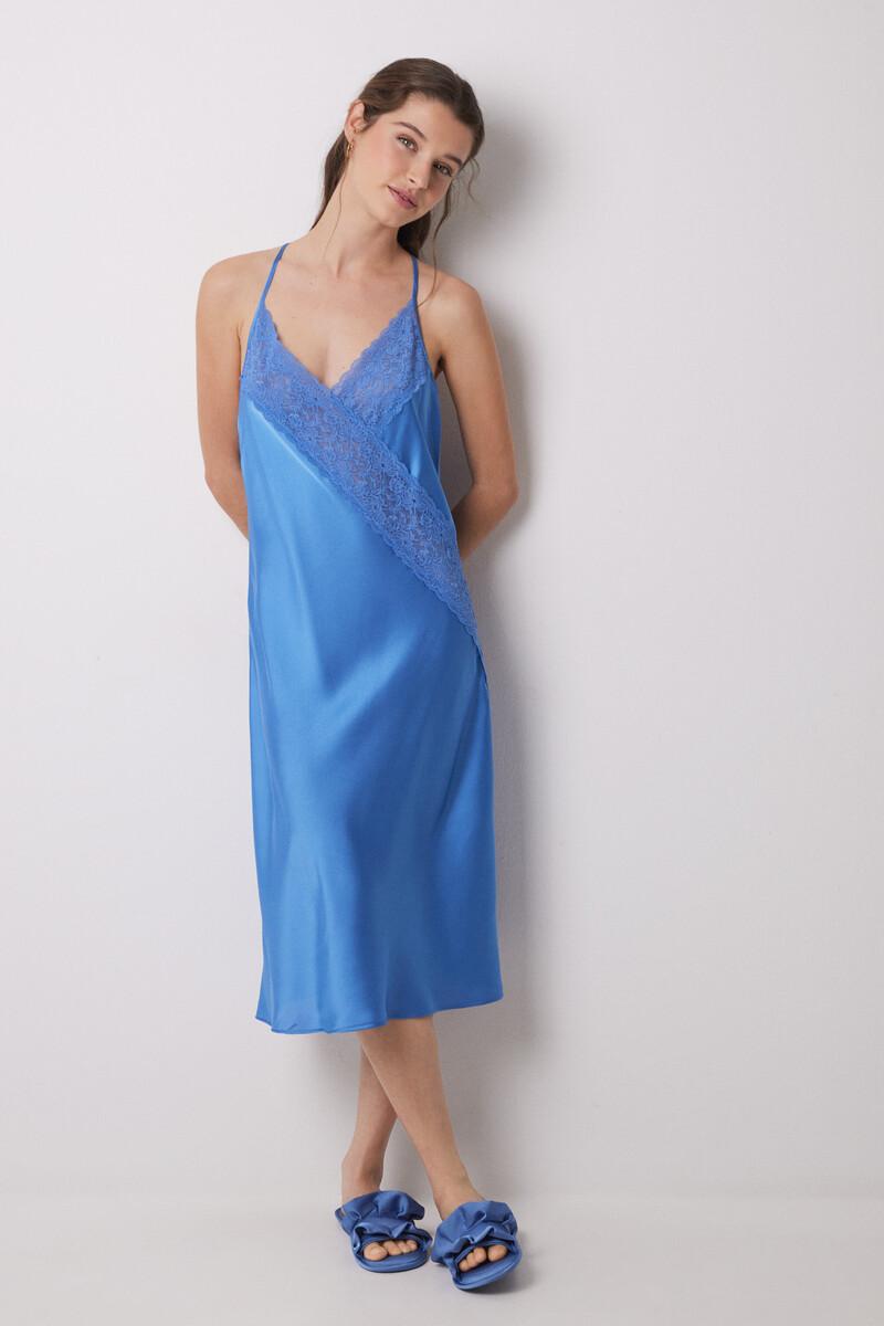 women'secret Camisón midi satén y encaje azul