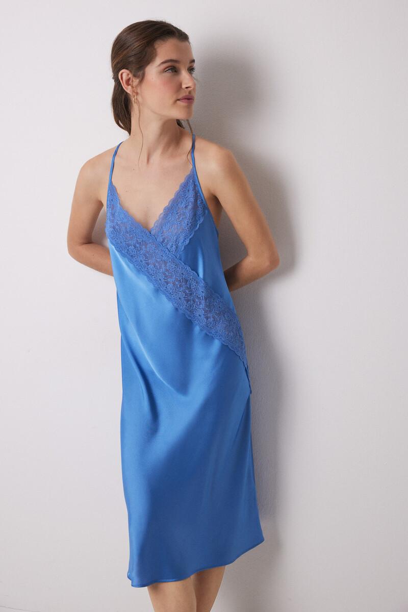 women'secret Camisón midi satén y encaje azul Última moda