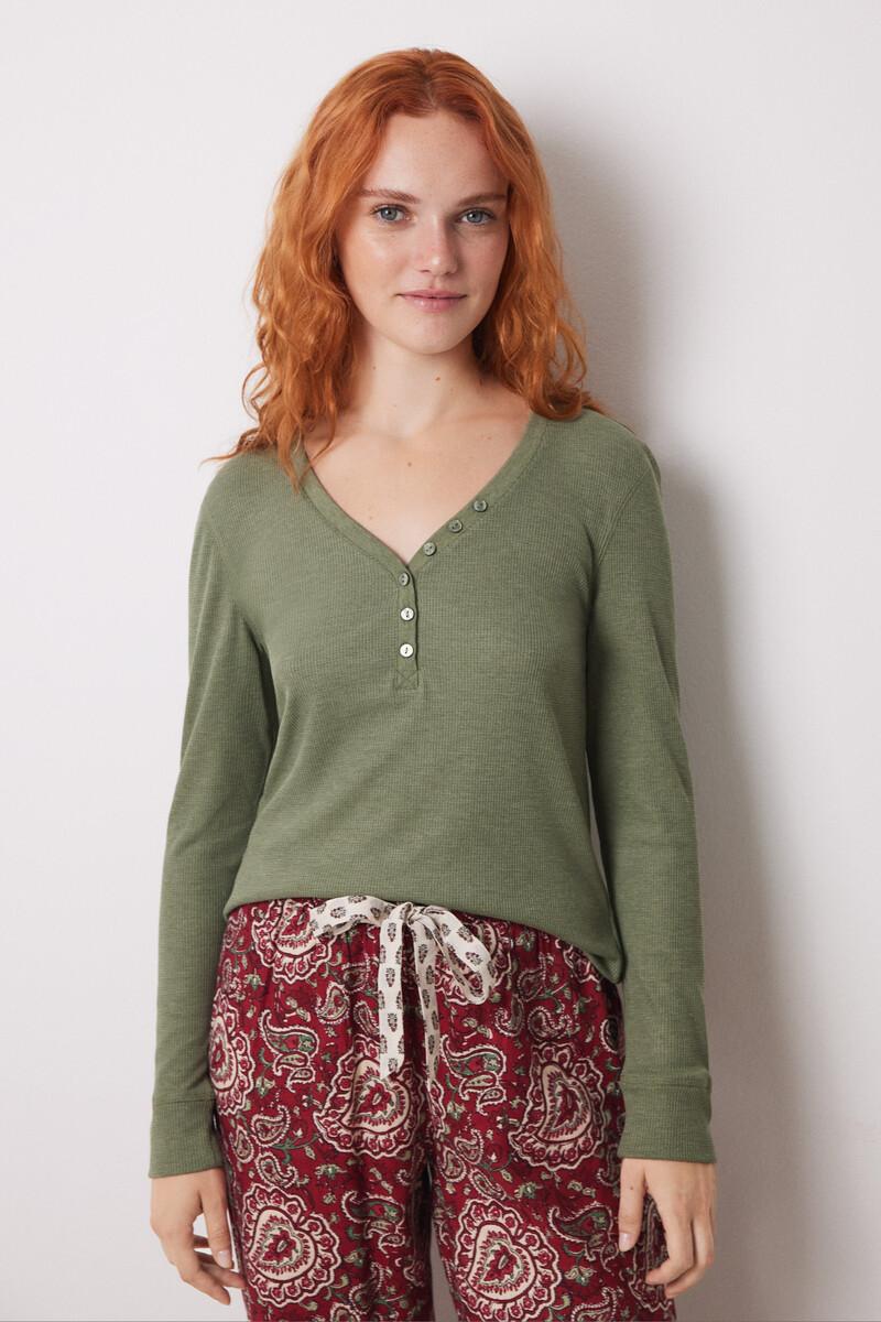 women'secret Camiseta manga larga tejido waffle verde En oferta