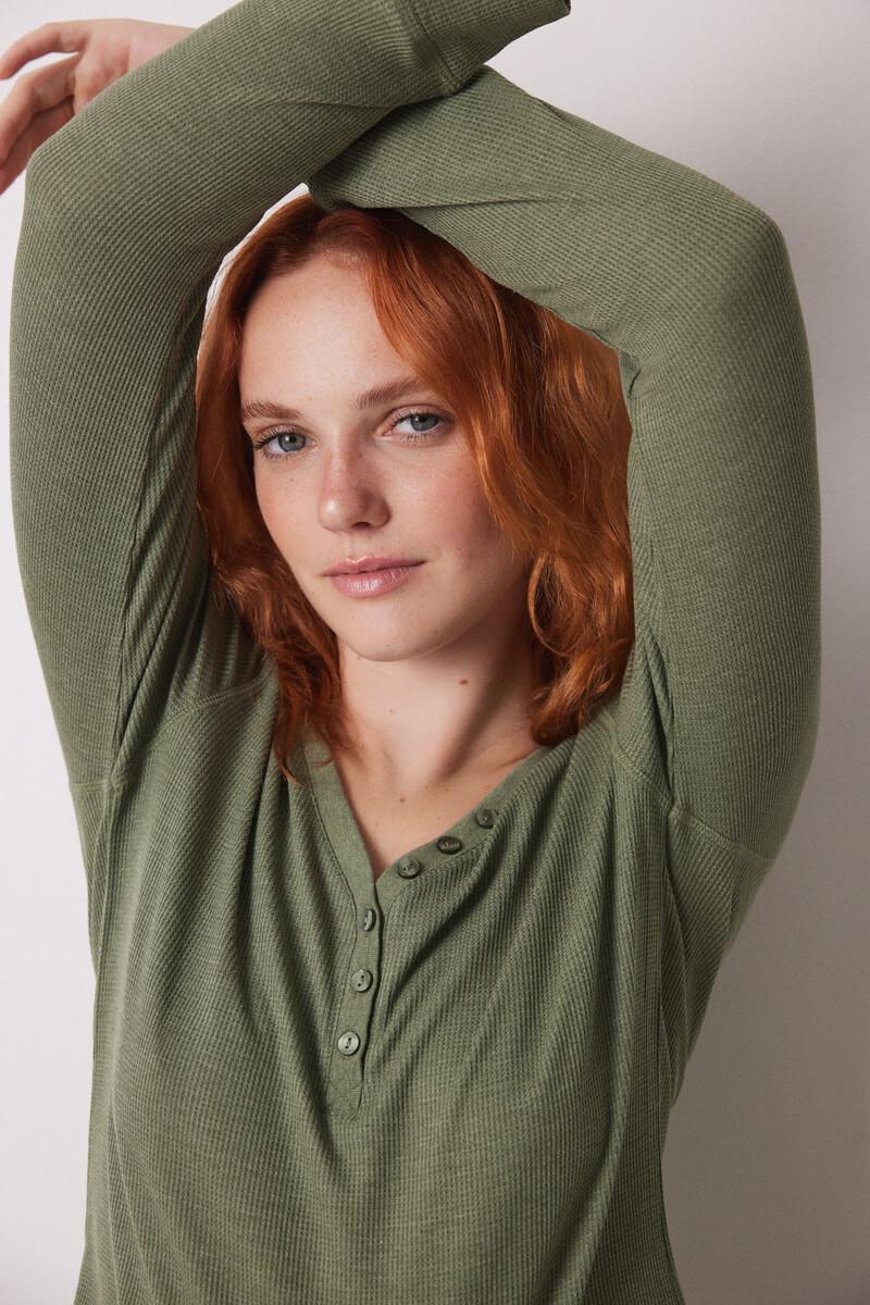 women'secret Camiseta manga larga tejido waffle verde En oferta