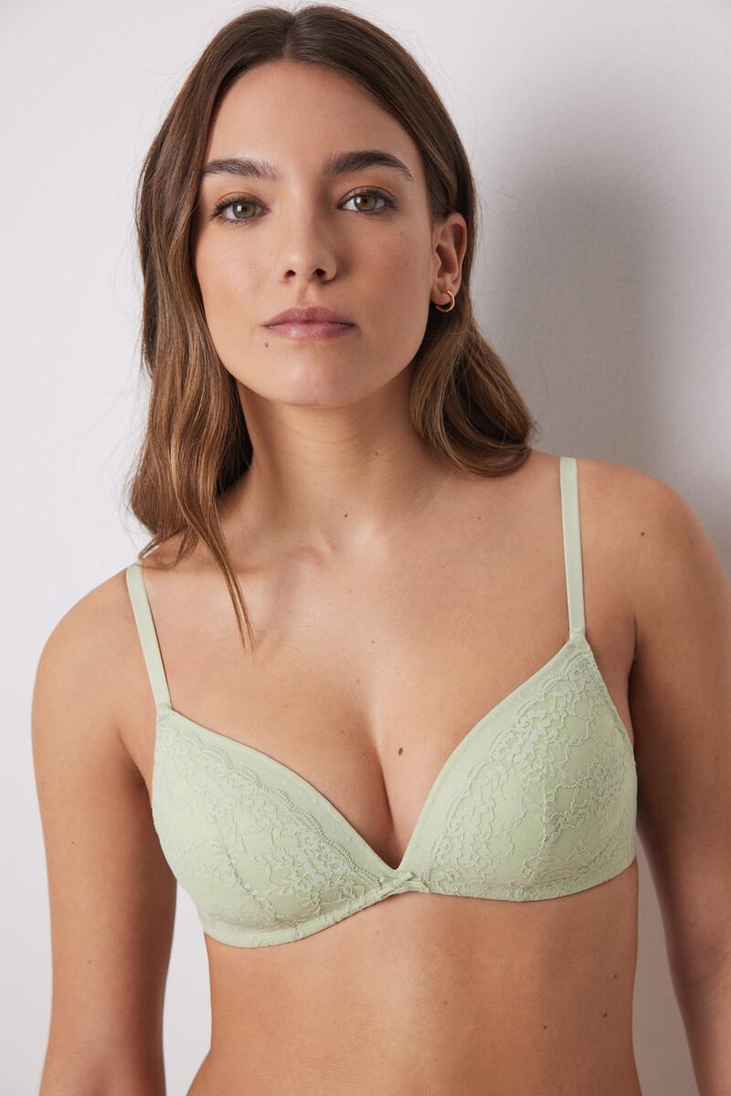 women'secret CHARMING Sujetador triangular relleno sin aro encaje tul plumeti verde ÚLTIMAS EDICIONES