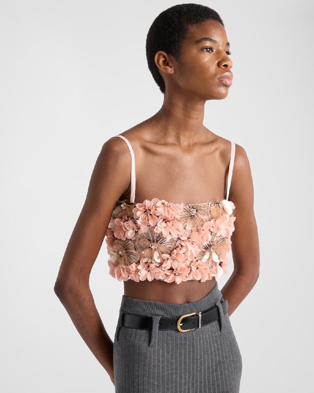 Prada Top de organza bordada Outlet online