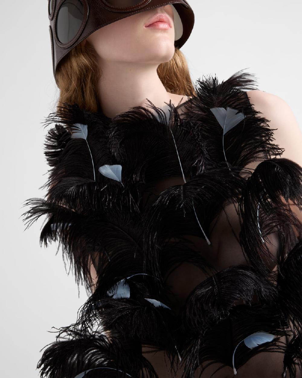 Prada Vestido en organza de seda adornado con plumas Ofertas