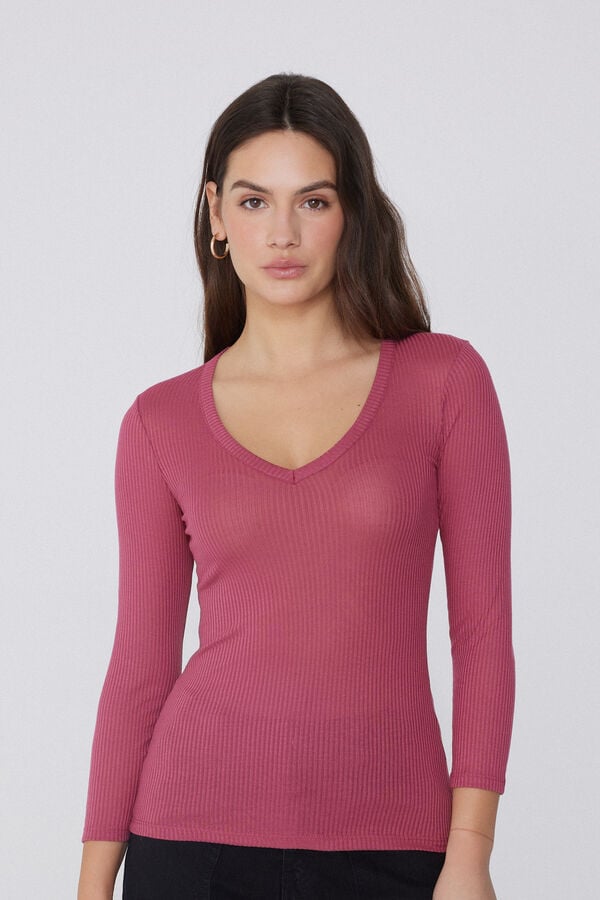 Tezenis Camiseta Manga Tres Cuartos Escote Pico Viscosa Canalé Descuento por venta flash