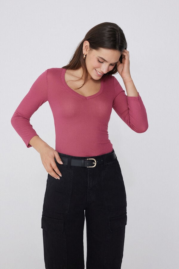 Tezenis Camiseta Manga Tres Cuartos Escote Pico Viscosa Canalé Descuento por venta flash