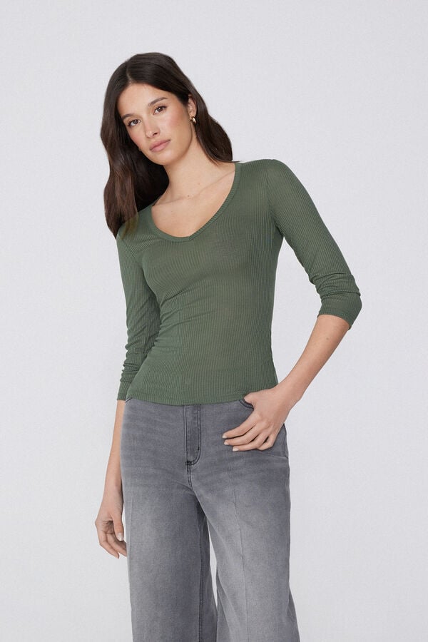 Tezenis Camiseta Manga Tres Cuartos Escote Pico Viscosa Canalé Gran oferta