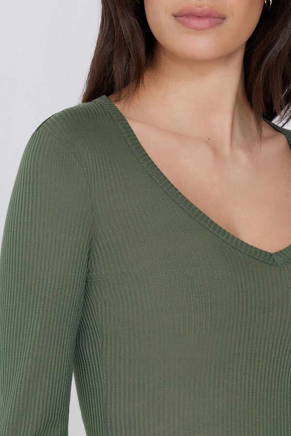 Tezenis Camiseta Manga Tres Cuartos Escote Pico Viscosa Canalé Gran oferta