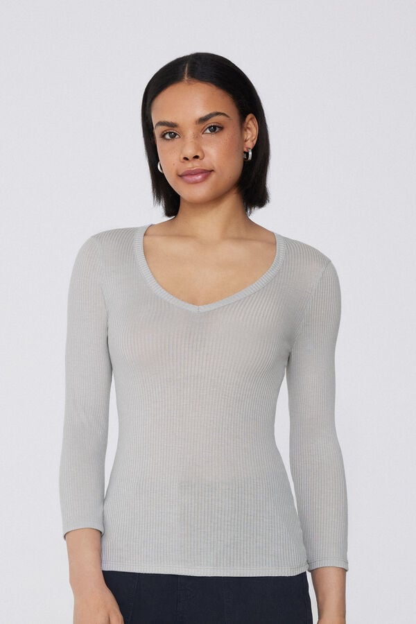 Tezenis Camiseta Manga Tres Cuartos Escote Pico Viscosa Canalé Rebajas baratas