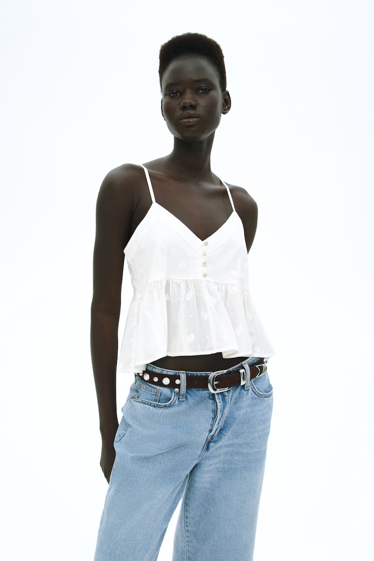 H&M Top de tirantes con peplo - Crema/Flores - MUJER Ofertas de temporada