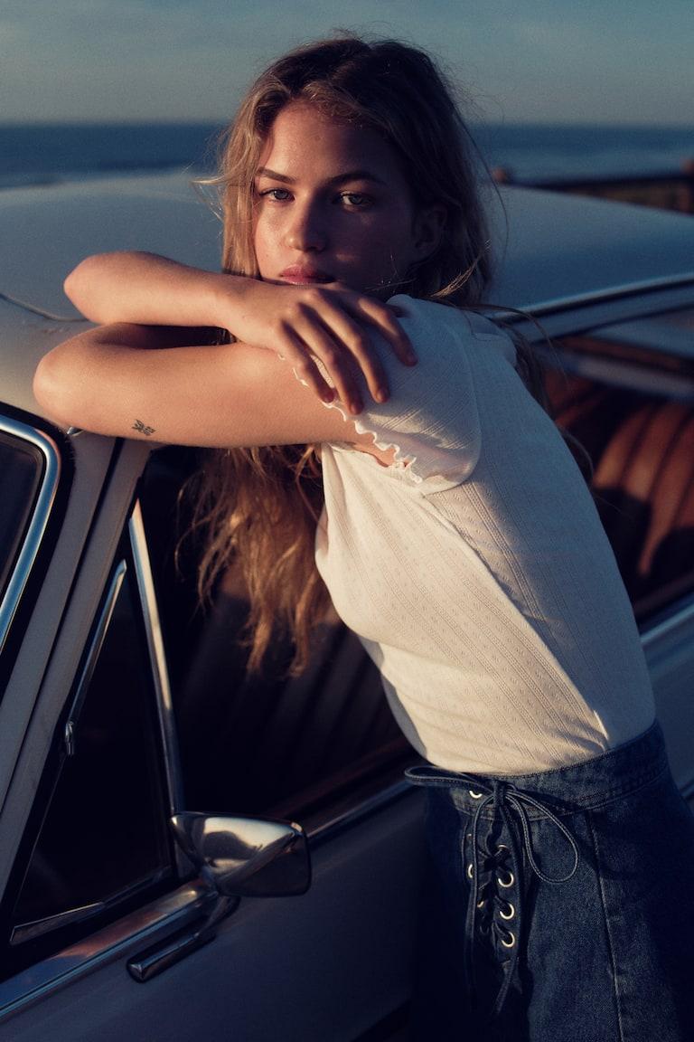 H&M Camiseta en pointelle con ribete de encaje - Blanco - MUJER Rebajas de fábrica