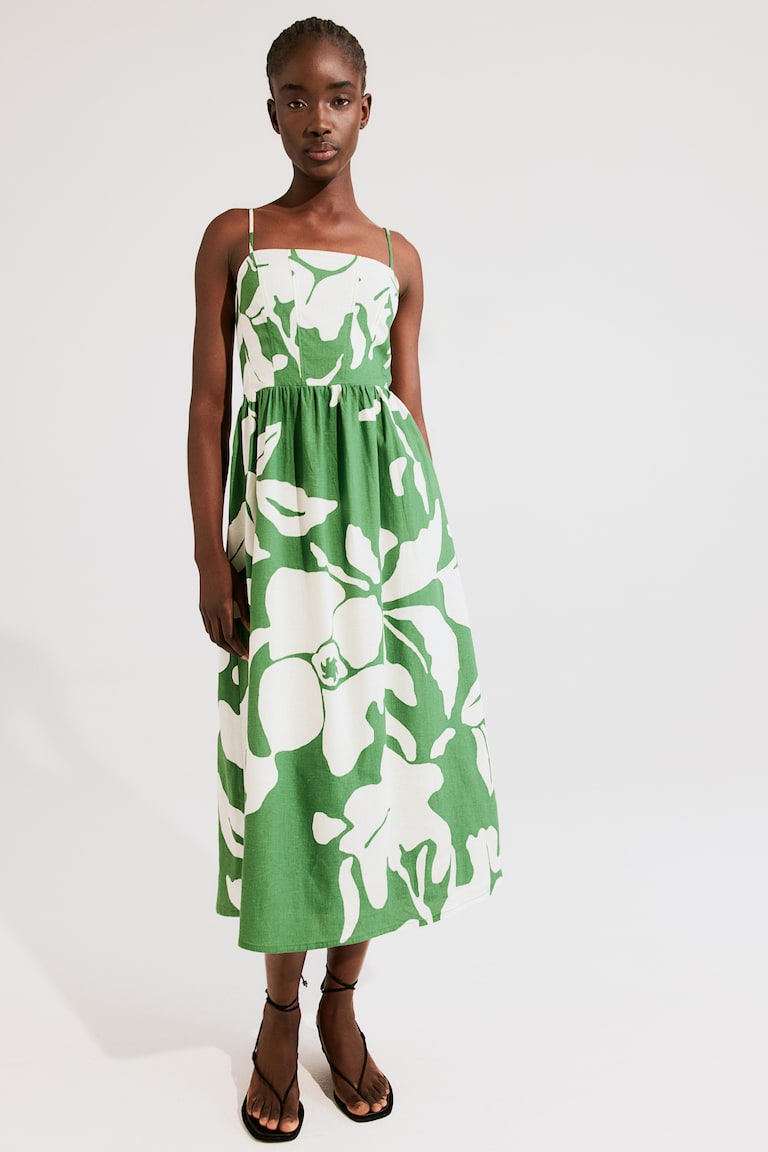 H&M Vestido midi con tirantes finos - Crema/Floral - MUJER