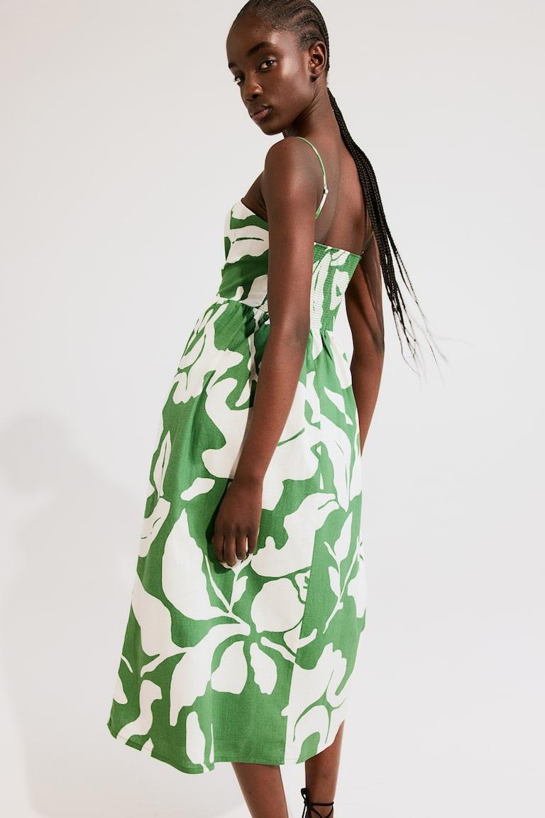 H&M Vestido midi con tirantes finos - Crema/Estampado - MUJER Liquidación
