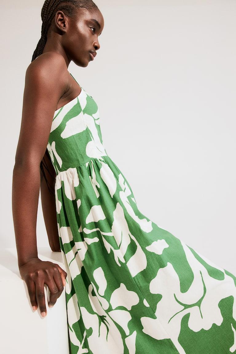 H&M Vestido midi con tirantes finos - Crema/Estampado - MUJER Liquidación
