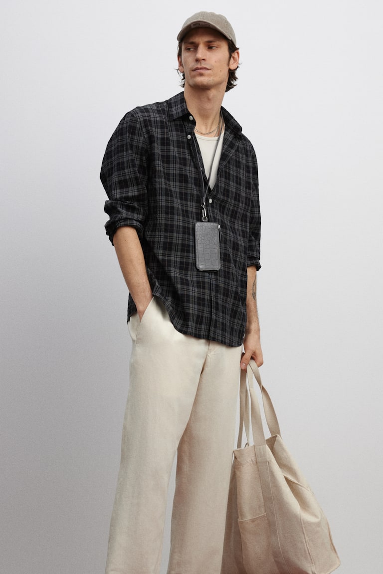 H&M Camisa texturizada Loose Fit - Negro/Cuadros - HOMBRE Ofertas de temporada