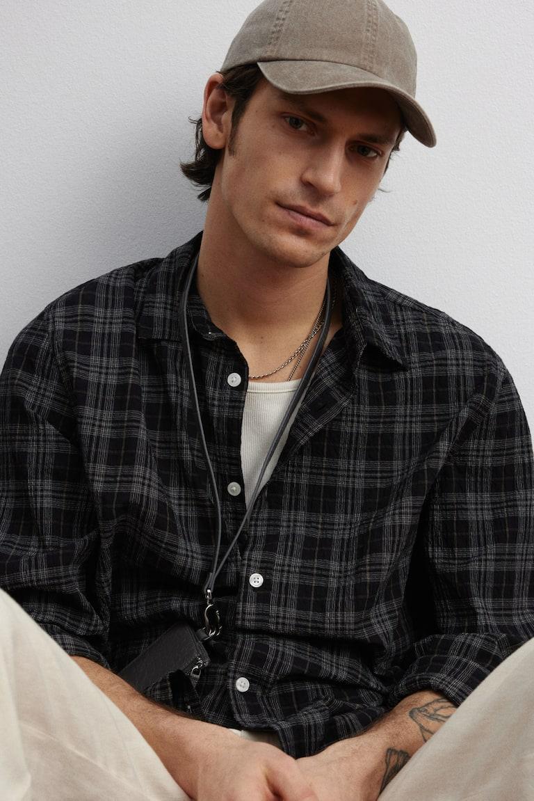 H&M Camisa texturizada Loose Fit - Negro/Cuadros - HOMBRE Ofertas de temporada